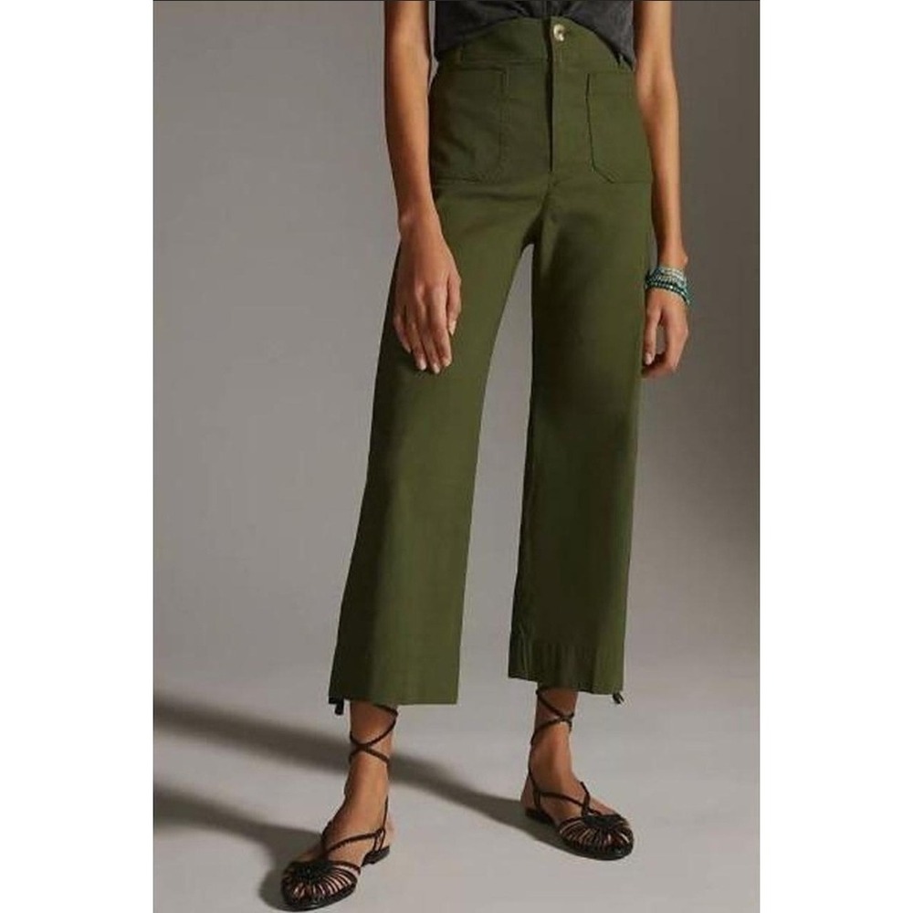 Anthropologie Maeve Colette Olive Green Wide Leg Crop Linen Pants Sz 34T Tall